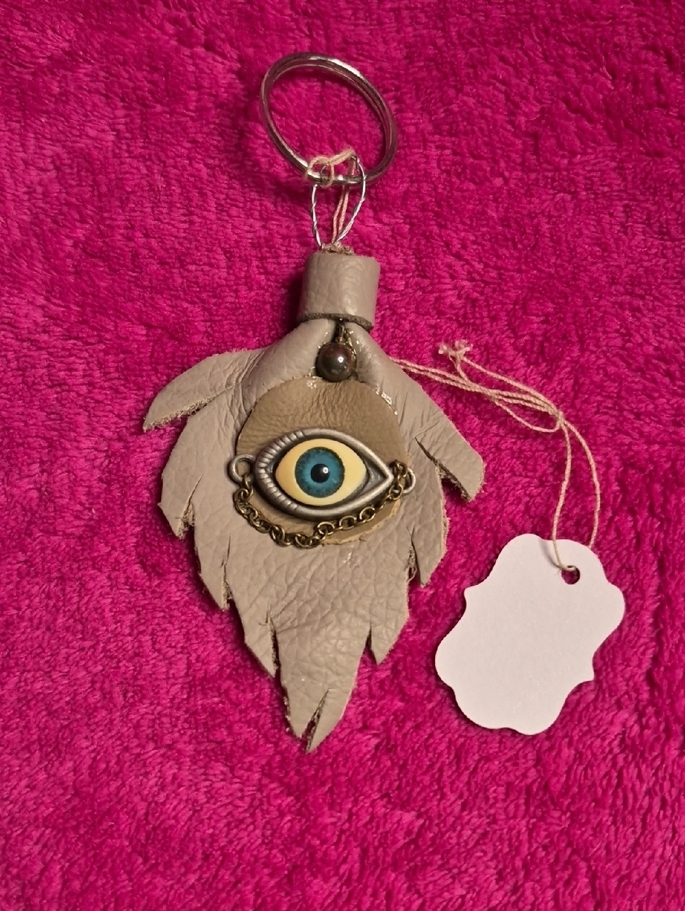 Source Unknown Tan Leather Evil Eye Feather Keychain Card Holder